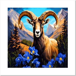 Cartoon Of A Colorado Bighorn Sheep Blue Columbine Posters and Art